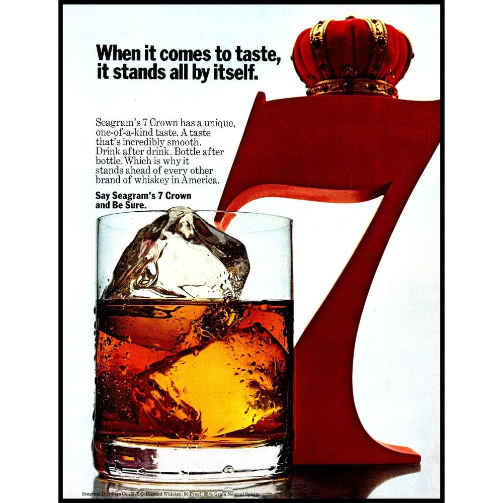 1971 Seagram's 7 Seven Crown Whiskey Vintage Print Ad On the Rocks Wall Art
